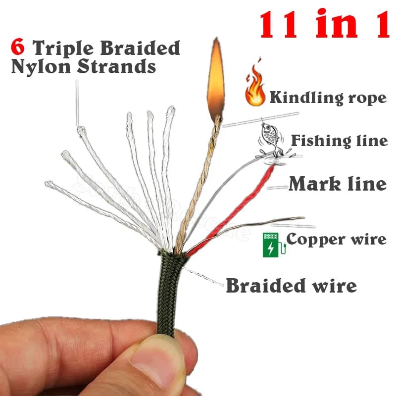 Corde paracord 4mm 11 brins 33-100FT pour allumage feu pêche camping survie outil extérieur polyvalent