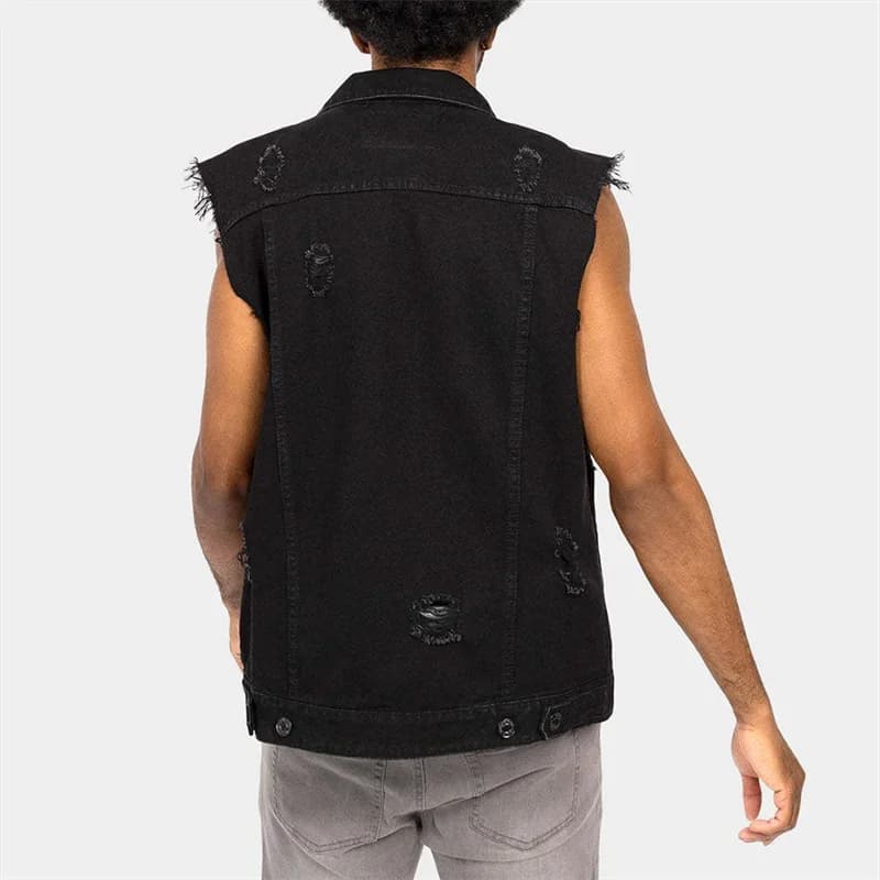 Veste sans manches en denim brut à bords effilochés pour homme style cowboy casual
