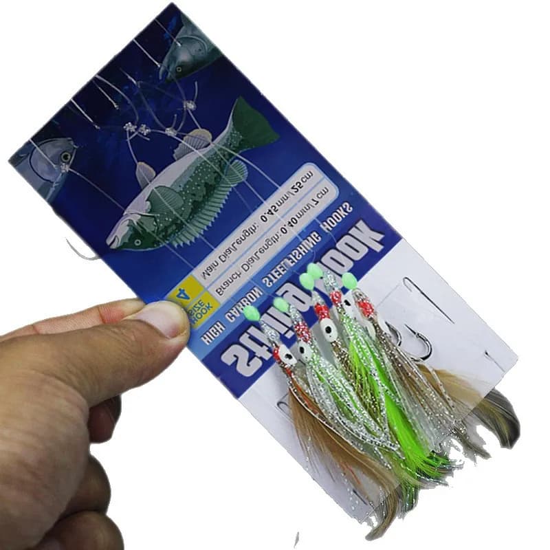 Kit 5 leurres luminescents Octopus Sabiki avec plumes pour pêche du maquereau et calamar