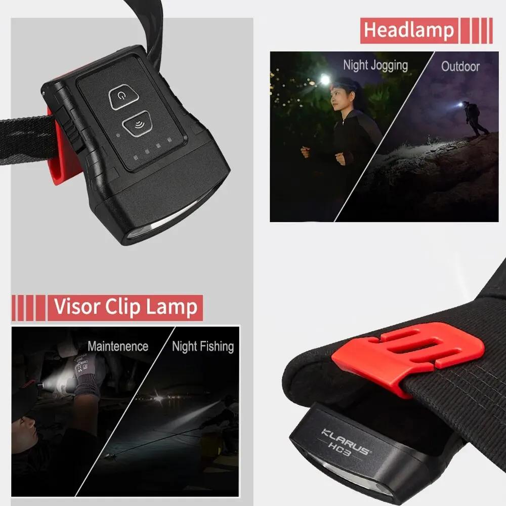 Lampe frontale Klarus HC3 rechargeable USB avec capteur de mouvement pour pêche et camping