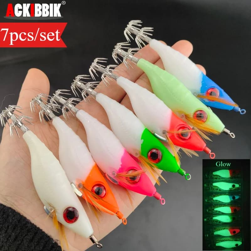 Leurre souple lumineux pour calmar et seiche, 7 leurres fluo pêche en mer 10 cm
