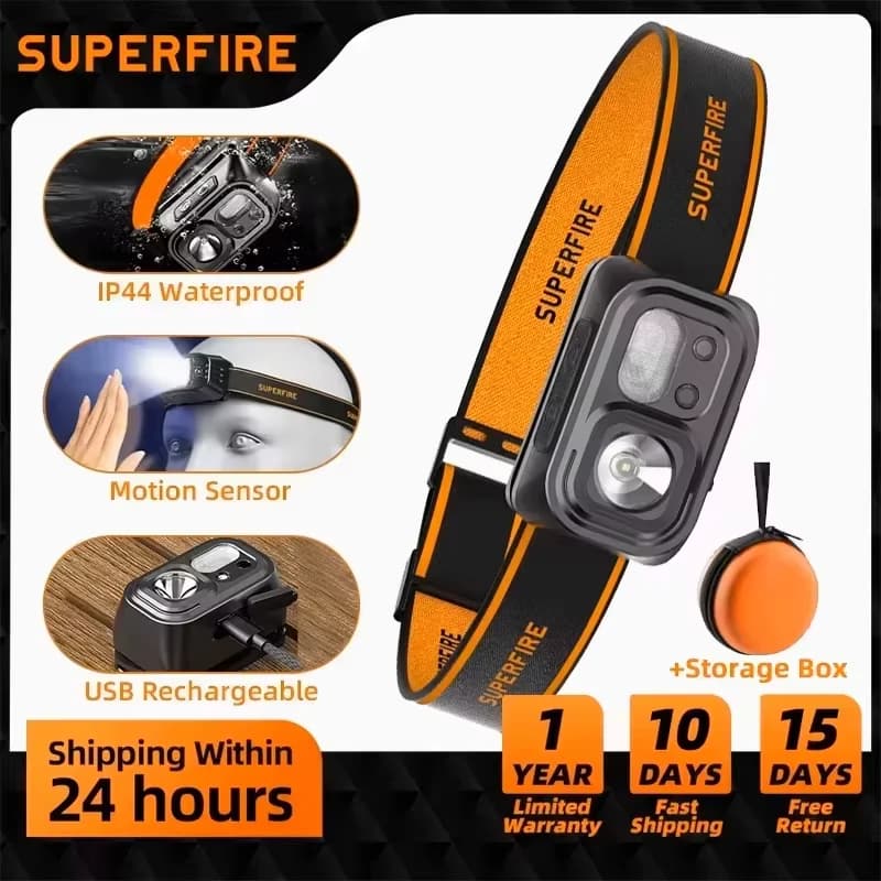 Lampe frontale pêche SUPERFIRE mini USB-C rechargeable détecteur LED pour travail et outdoor