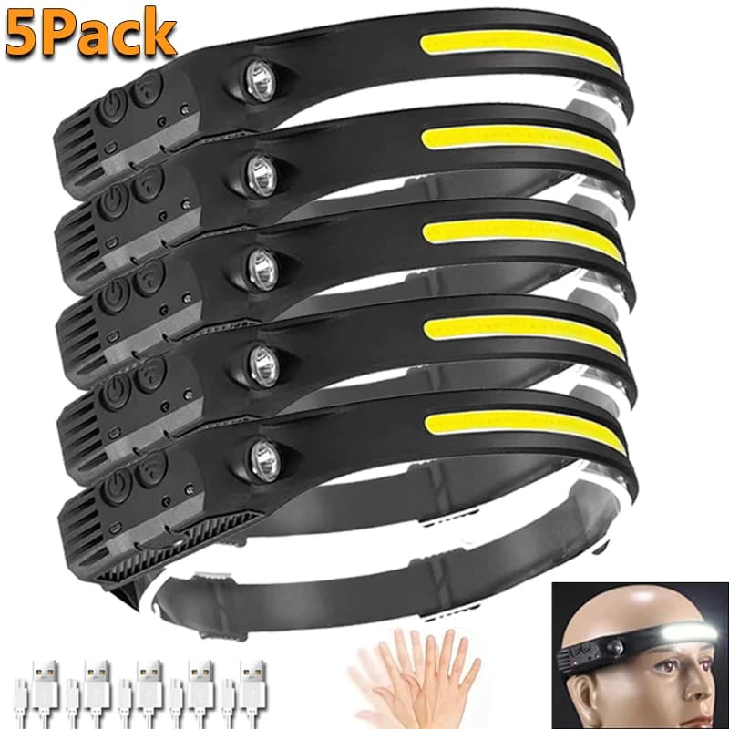 Pack de lampes frontales LED rechargeables USB avec capteur XPE+COB étanches pour pêche en groupe