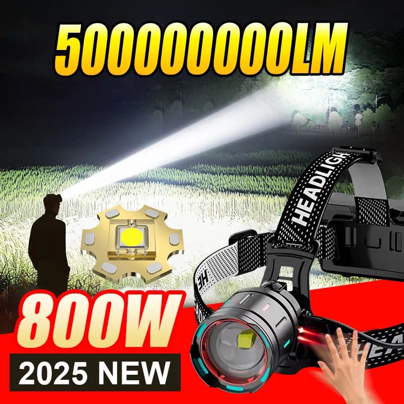 Nouvelle lampe frontale LED 800W 500 millions lumens zoomable 2025 pour pêche chasse
