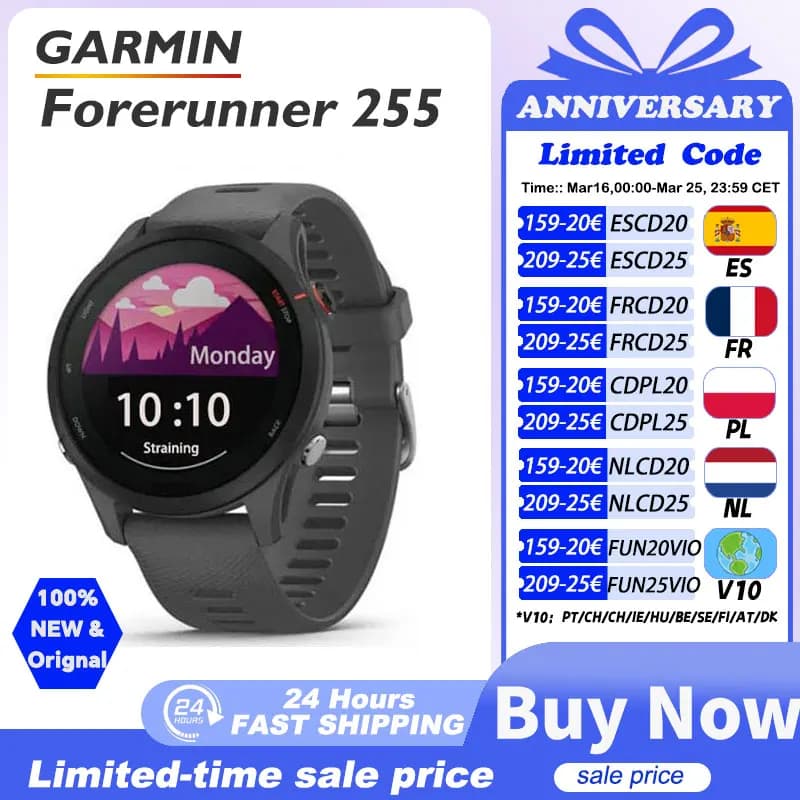 Montre Garmin Forerunner 255 - GPS sportif 46mm, autonomie 14 jours, étanche 5ATM pour pêcheurs exigeants