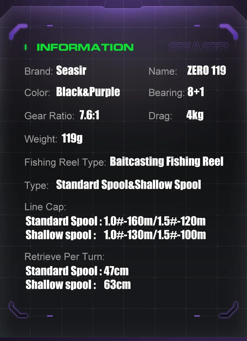 Moulinet baitcasting Seasir ZERO119 BFS 119g - Fibre carbone 7.6:1 double bobines pour pêche légère
