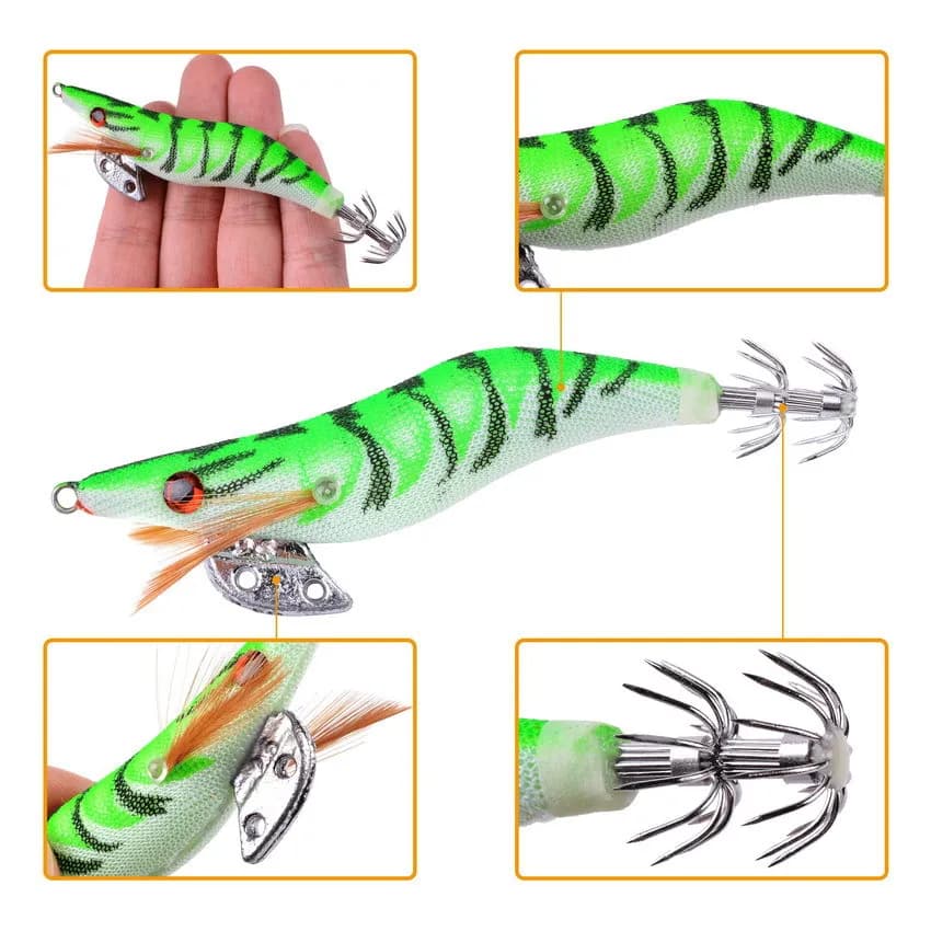 Lot de 5 leurres durs luminescents crevette calmar pêche en mer appât wobbleur avec yeux 3D