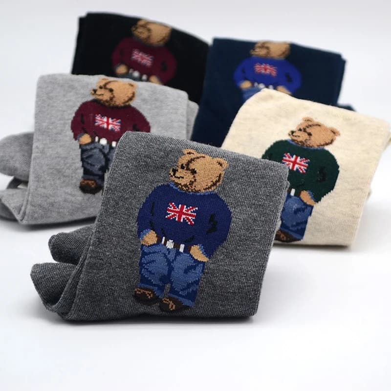 Chaussettes homme ours gentleman cartoon coton style Harajuku sport skate cadeau Noël pêche