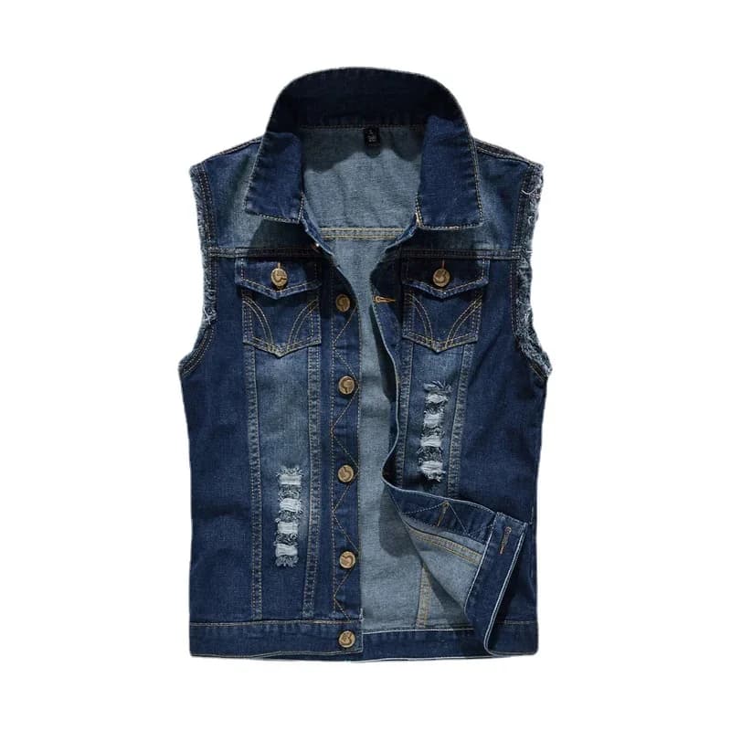 Gilet denim pêche décontracté grande taille 6XL - Veste jeans déchirée bleu clair noir mode pêcheur
