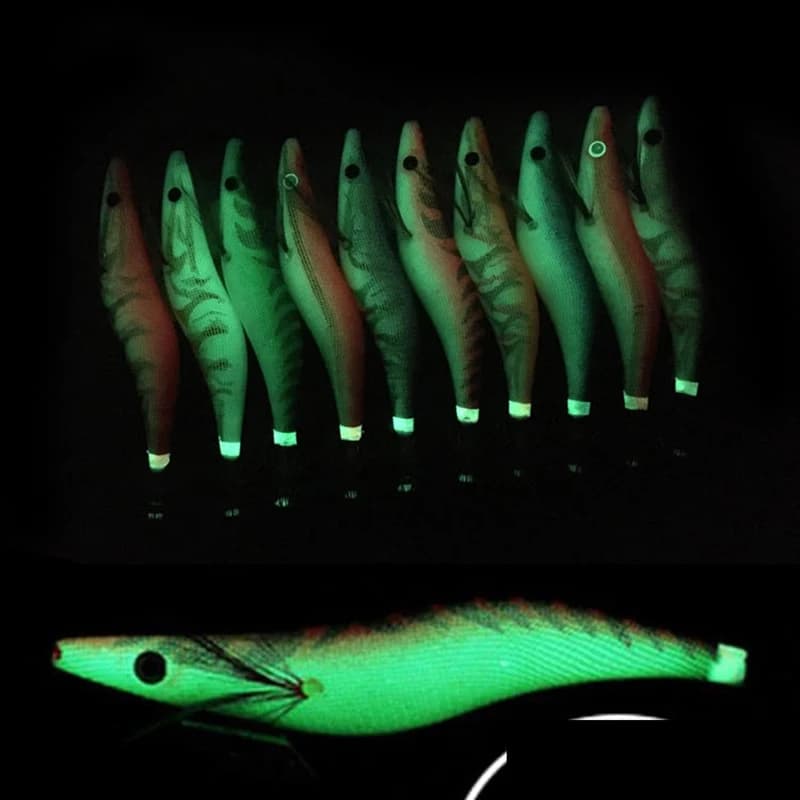 10 leurres souples pêche en mer appâts calmar crevette avec yeux 3D luminescents hameçon plombé 3.5# 19.5g