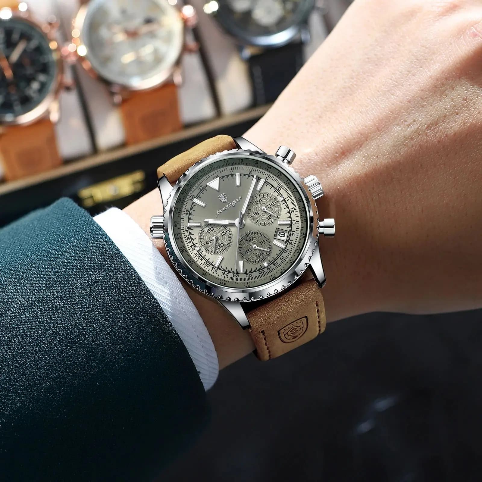 Montre homme chronographe étanche lumineuse - Boîtier cuir quartz pêcheur cadeau boîte