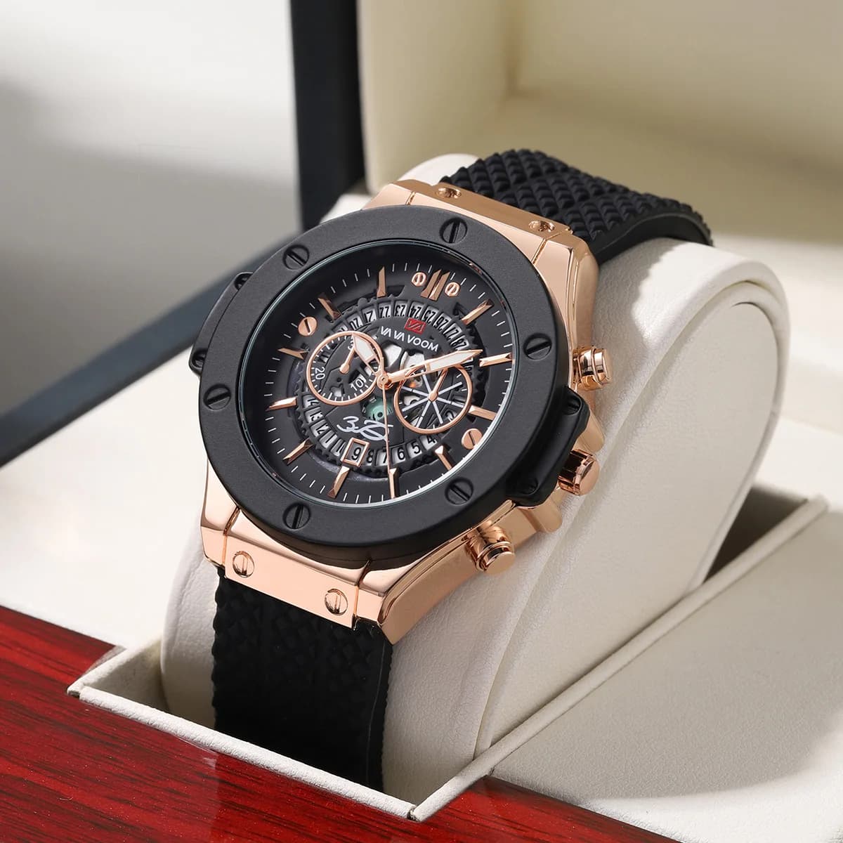 Montre militaire homme VA VA VOOM 46mm cadran rose gold squelette - Bracelet silicone - Mouvement quartz original