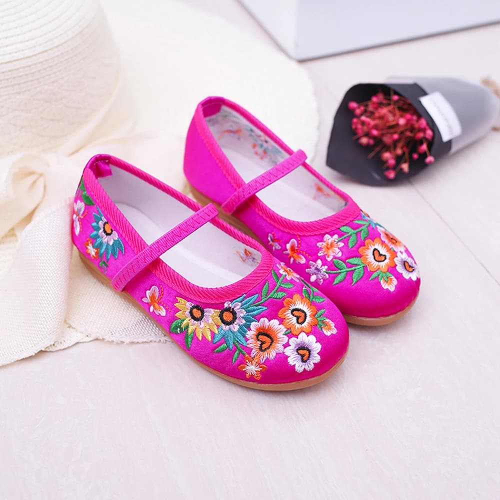 Chaussons de danse traditionnelle chinoise pour filles - Broderie ethnique et semelle cuir souple