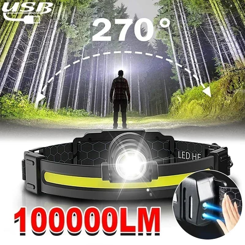 Lampe frontale pêche LED 7 modes XPE+COB avec capteur alimentation 18650 pour pêche et chasse