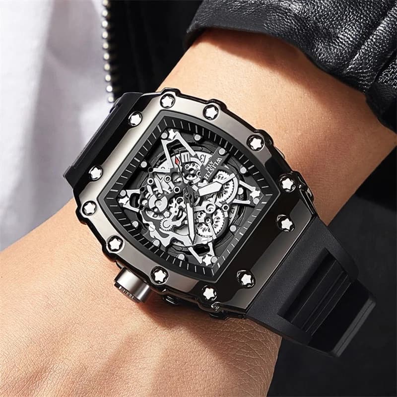 Montre Homme Automatique Étanche avec Mouvement à Barillet et Bracelet Silicone Sportif - Nouvelle Marque