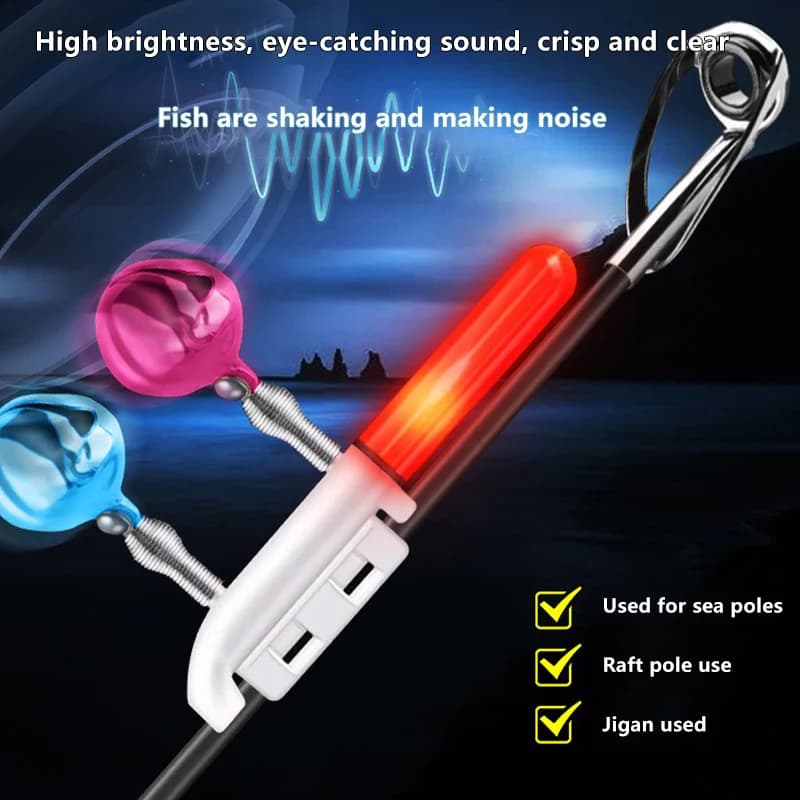 Alarme de touche double clochette avec lampe LED pour canne pêche nuit sans batterie