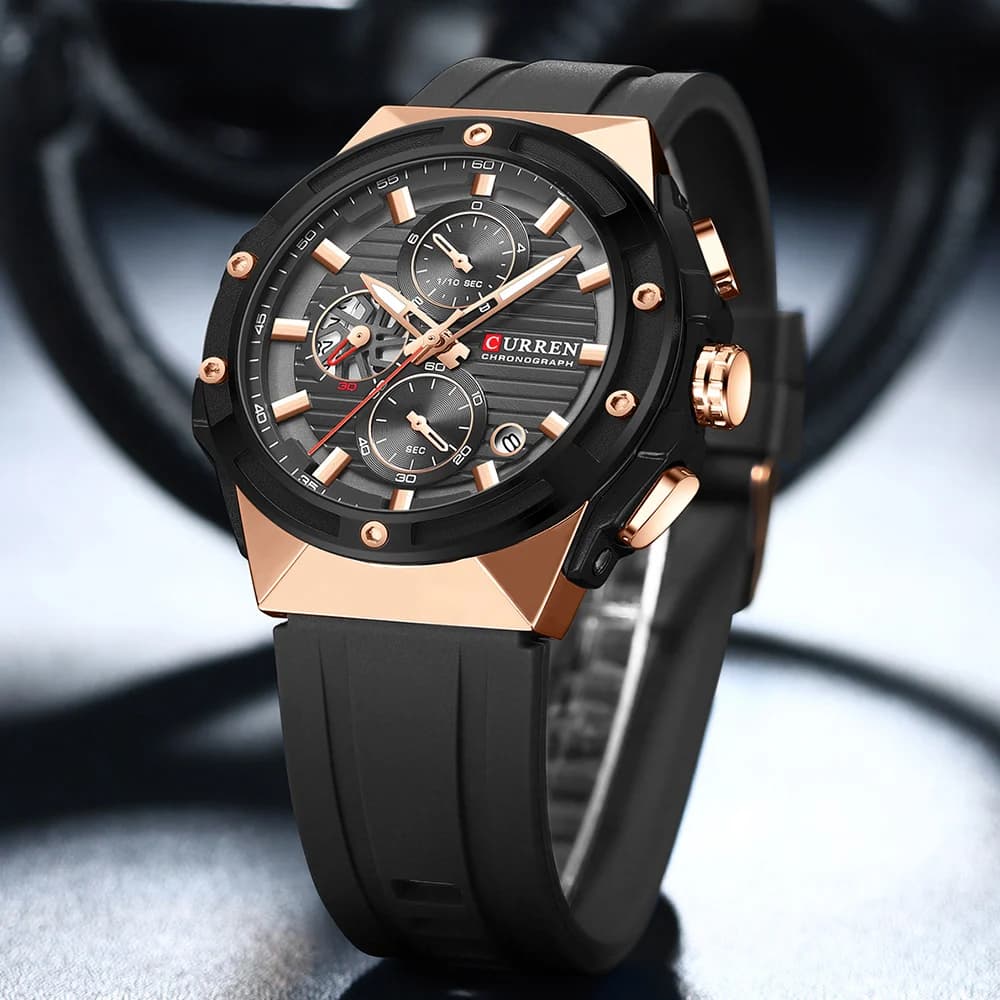 Montre chronographe Curren pour homme sport militaire grand cadran étanche avec bracelet silicone noir