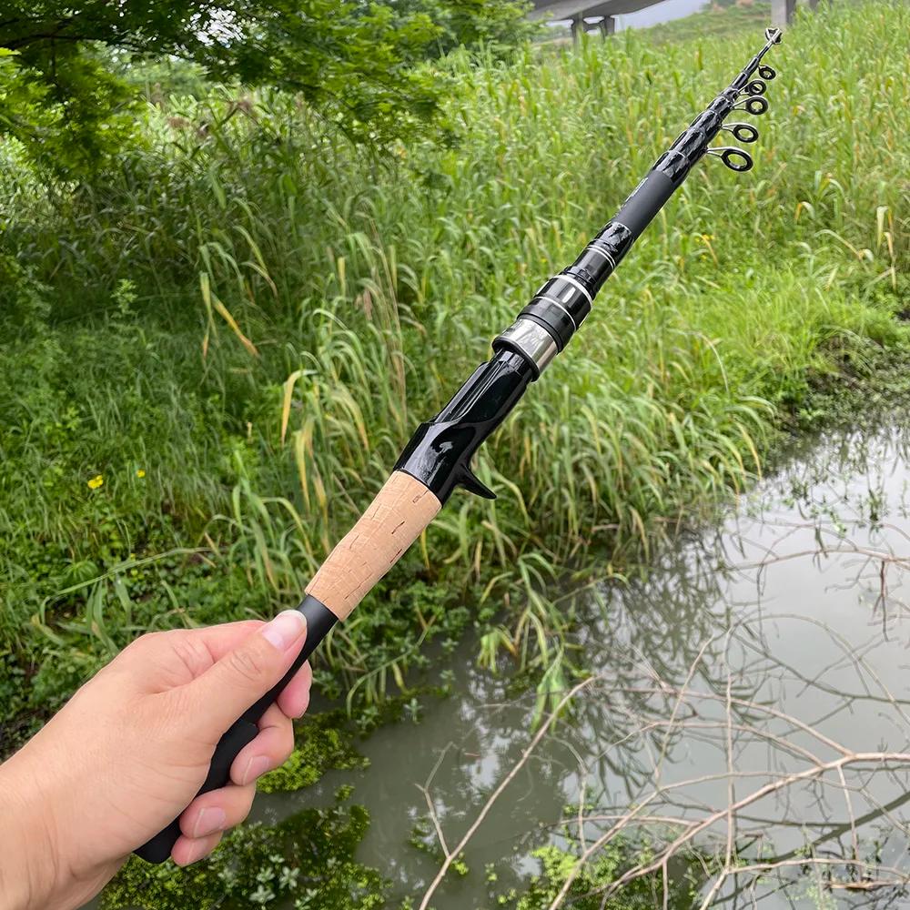 Canne à leurres télescopique carbone 1.5M à 2.4M manche bois casting 8g-25g pêche sportive précise