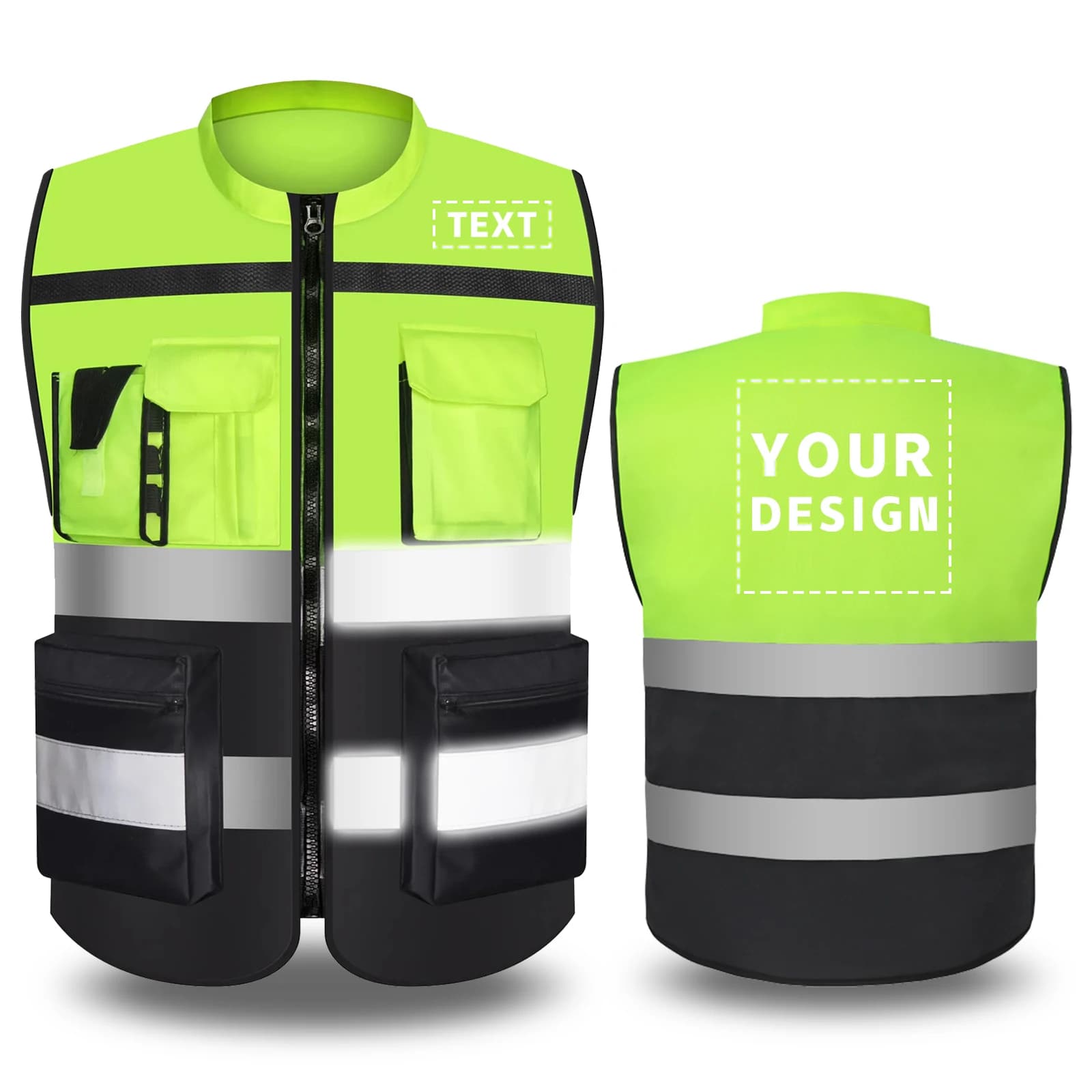 Gilet sécurité deux tons personnalisable logo avec fermeture zippée et poches pêche professionnelle