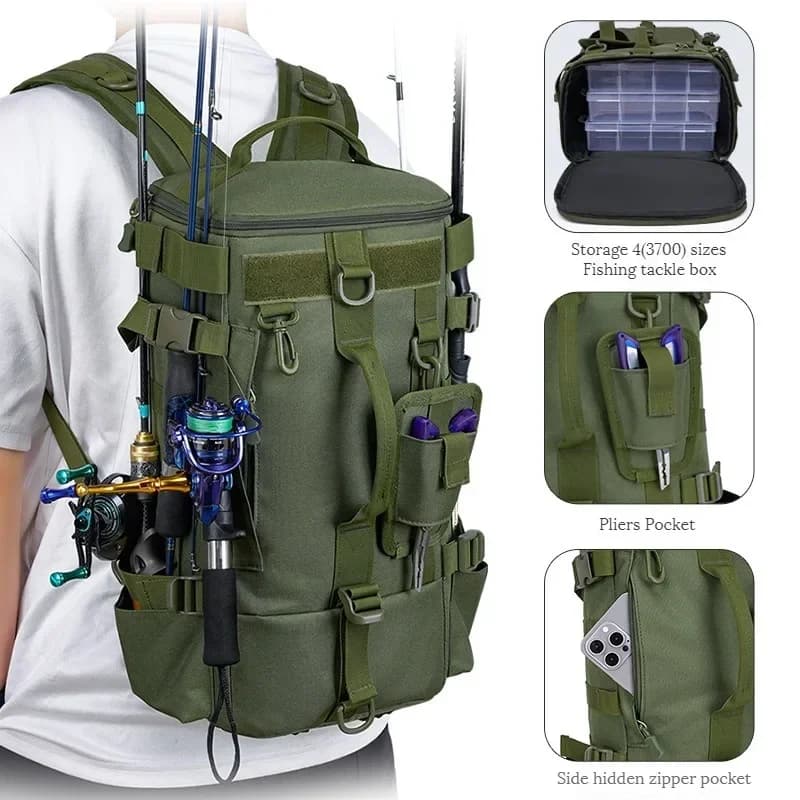Sac à dos de pêche multifonction grande capacité avec rangement pour cannes équipement sport extérieur