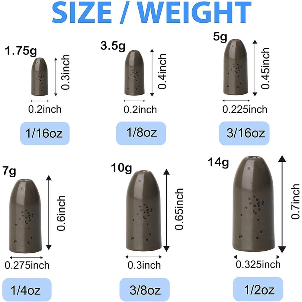 6 plombs tungstène en forme balle pour montages Texas et Carolina Rig - Poids pêche black-bass