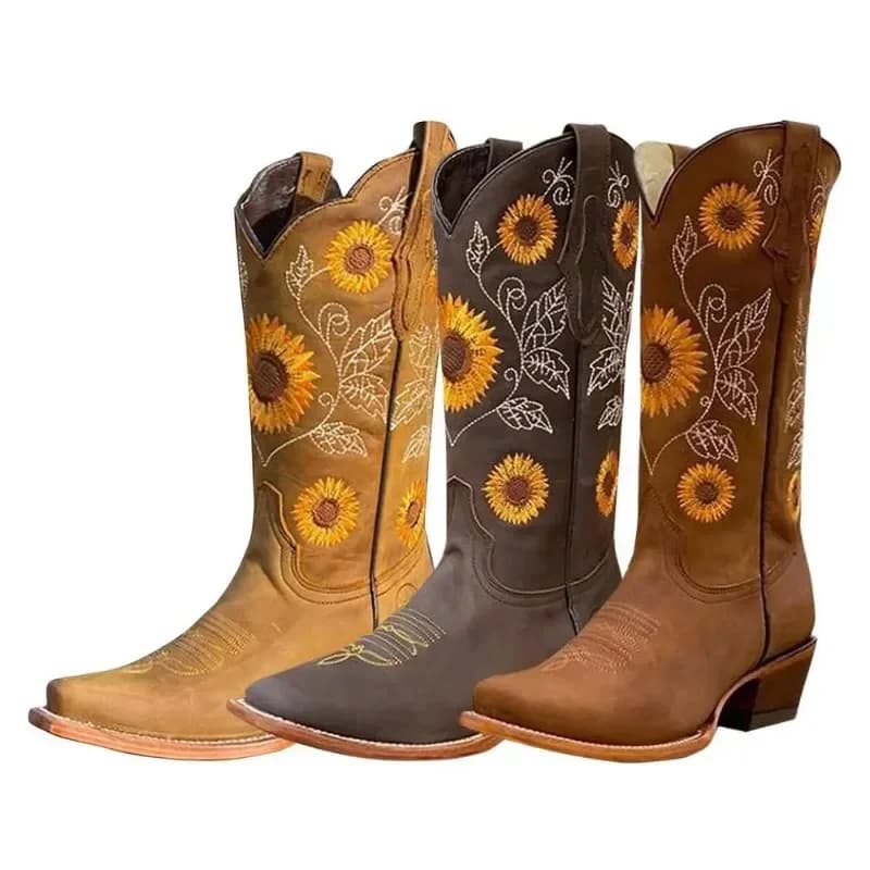 Bottes cowboy femme marron café broderie - Cuir PU imprimé style western profond V casual