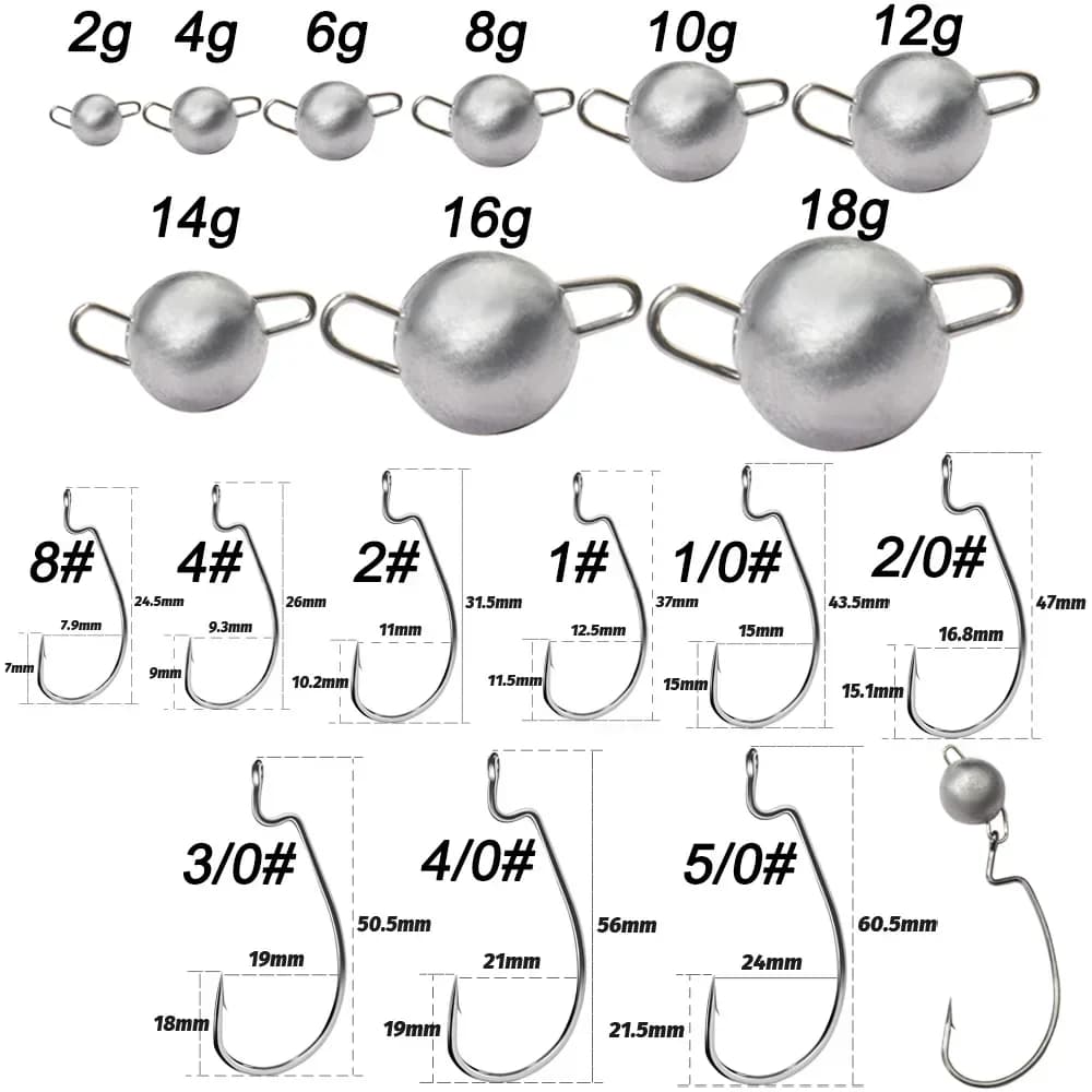 Kit 5 Têtes Plombées Métal Worm Hooks 2g à 18g pour Pêche en Herbiers avec Montage Weedless