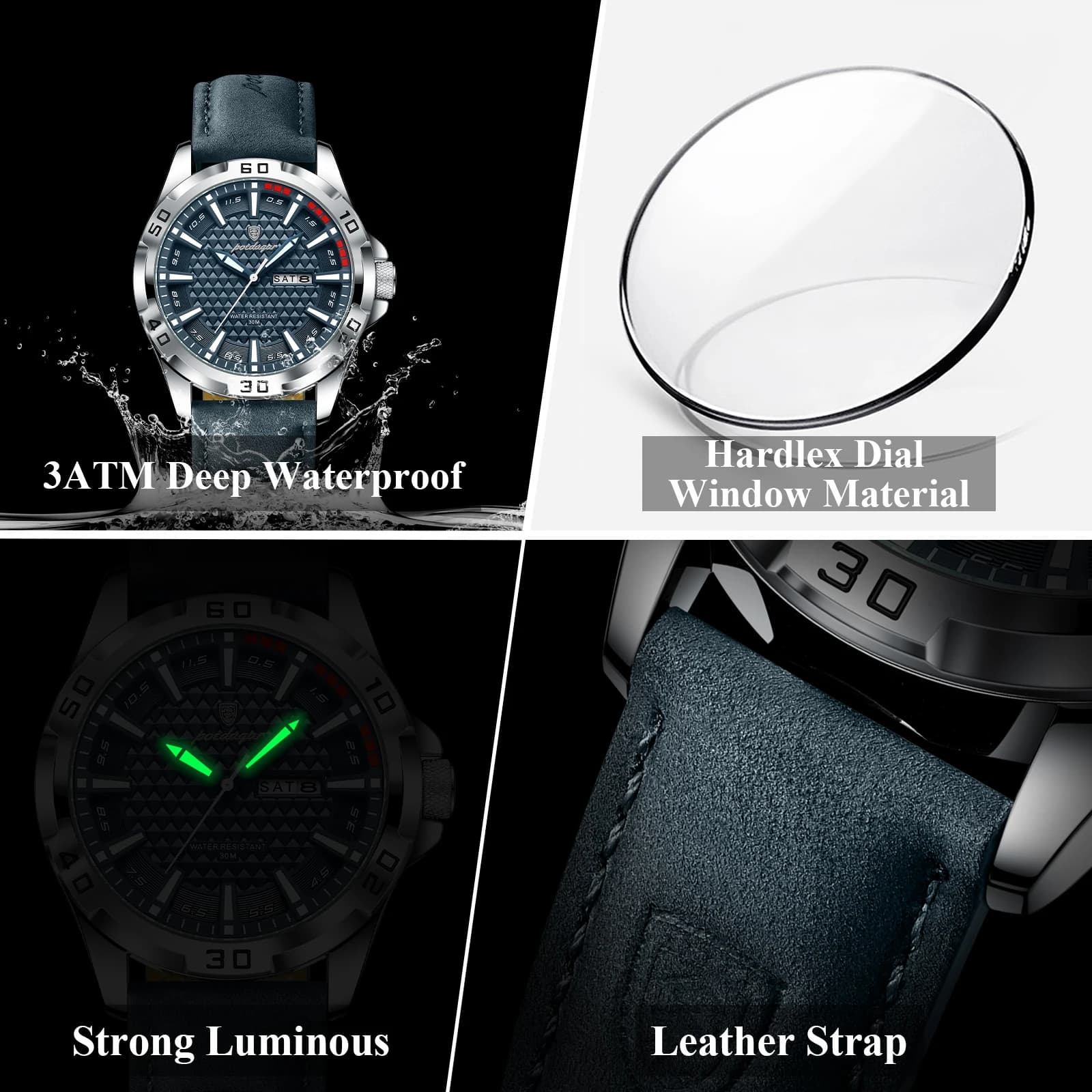 Montre homme POEDAGAR luxe étanche - Cadran lumineux avec date et semaine pour sport et élégance