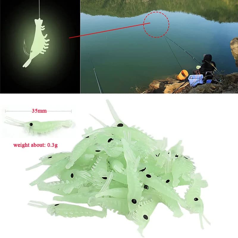 Leurre souple 50 vers luisants appâts crevettes lumineux 3,5cm pour pêche du bass et crappie