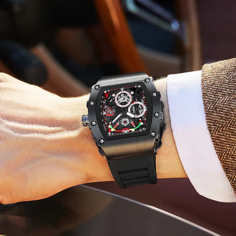 Montre homme UTHAI CQ309 étanche avec éclairage nocturne - Cadran vin et calendrier, bracelet silicone