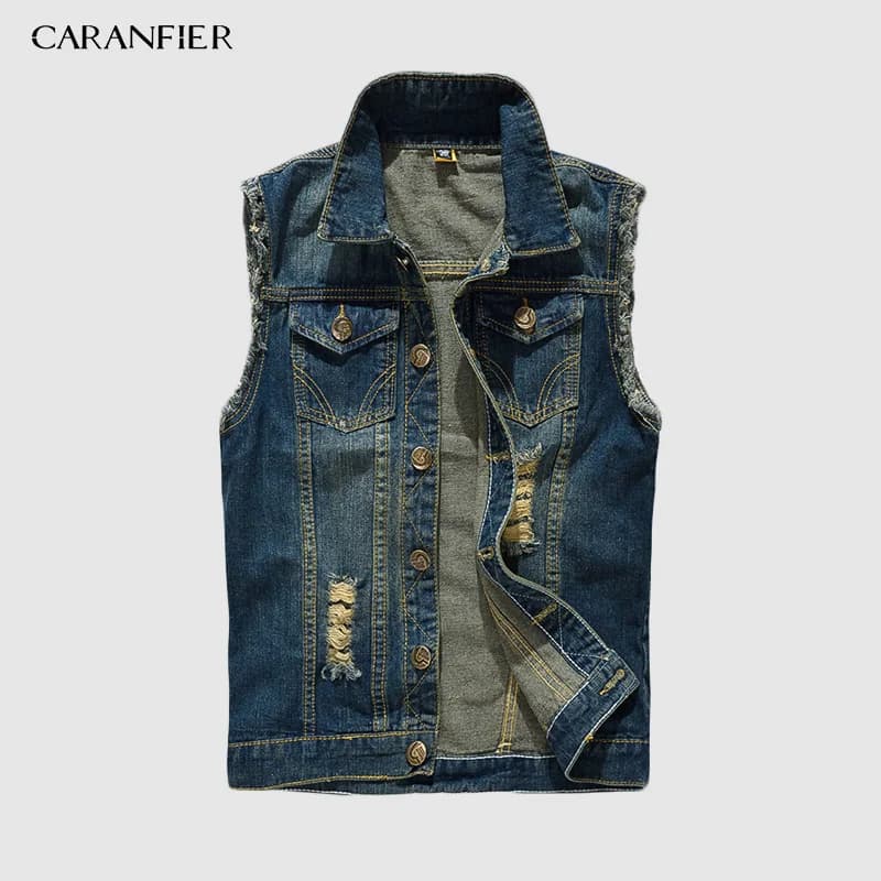 Veste sans manches en jean déchiré pour homme avec poches à franges, style cowboy streetwear printemps