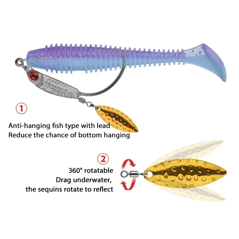 Hameçons offset 3D eye 3g à 14g avec sequins rotatifs pour leurres souples et cuillères