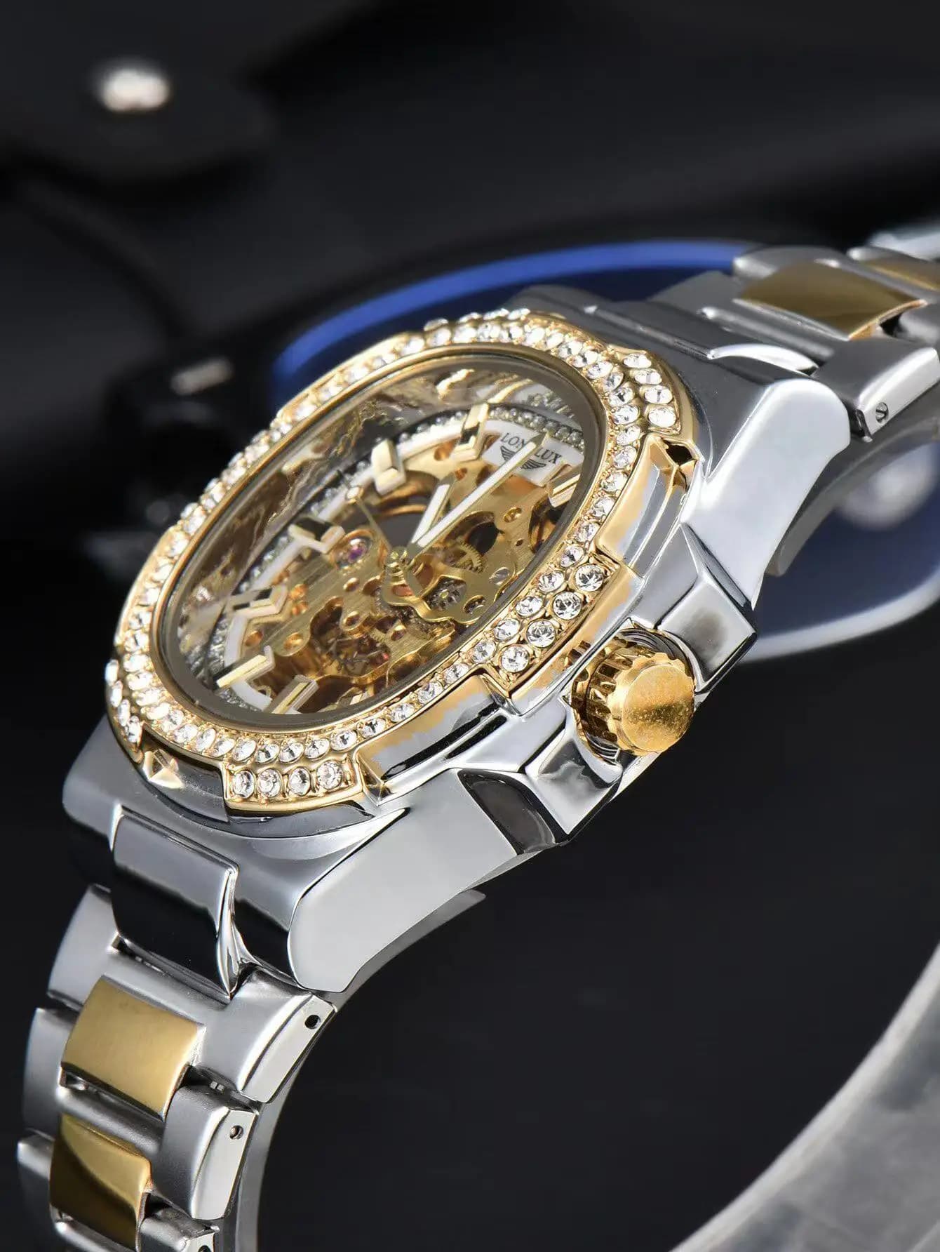 Montre homme automatique LONGLUX luxe acier inox squelettée étanche diamants mécanique bracelets montre homme