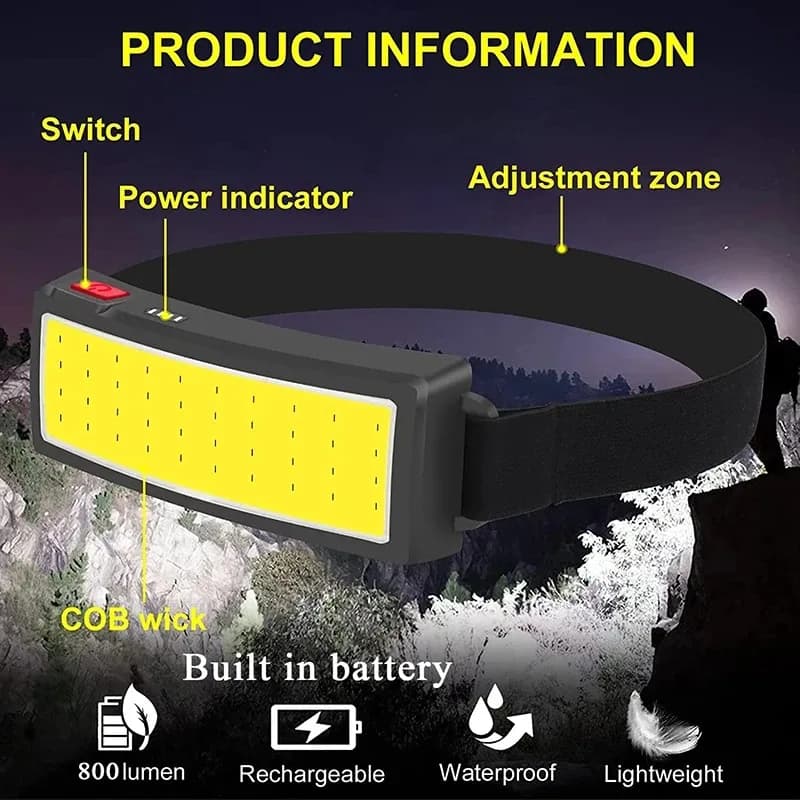 Lampe frontale COB LED rechargeable USB-C pour pêche nocturne et camping étanche puissante