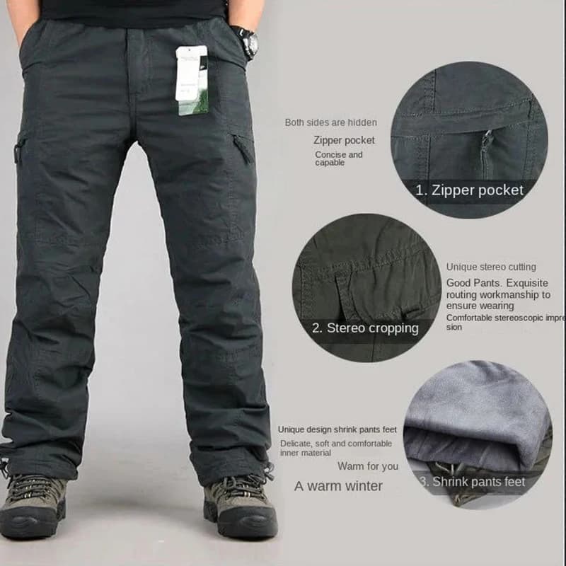 Pantalon tactique polaire hiver épais chaud ample multi-poches pêche outdoor homme