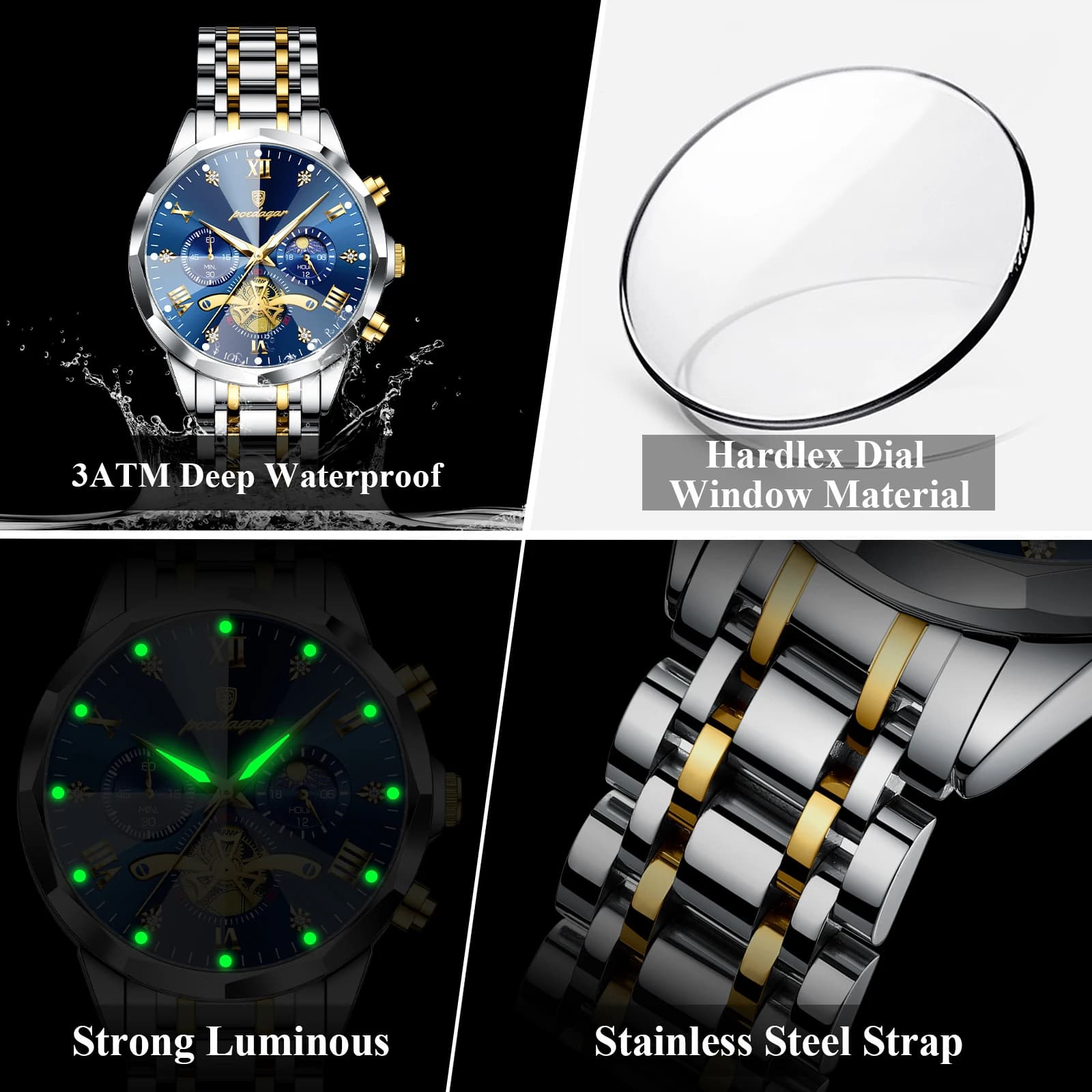 Montre homme luxe POEDAGAR étanche lumineuse chronographe acier inox quartz bracelet original cadeau