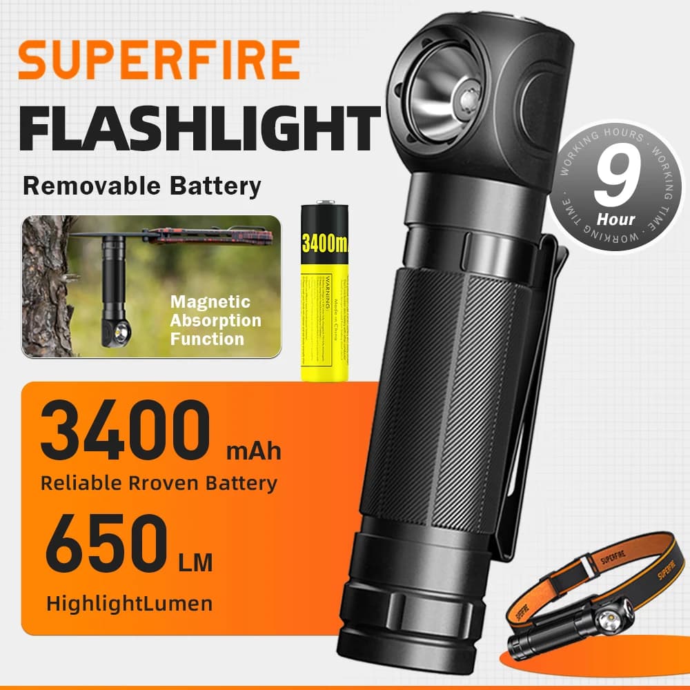 Lampe frontale SUPERFIRE TH04 LED rechargeable Type C avec aimant queue pour camping et pêche