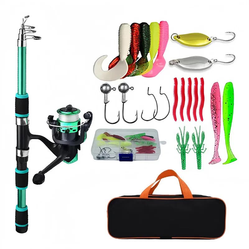 Kit pêche complet télescopique avec canne, moulinet et leurres - Ensemble voyage compact pour débutants