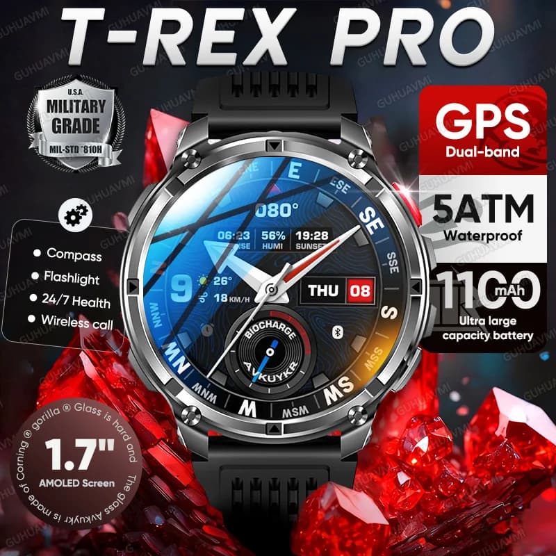 Smartwatch T-Rex3 Pro 2026 batterie 1100mAh GPS tracé parcours étanche 5ATM boussole militaire outdoor