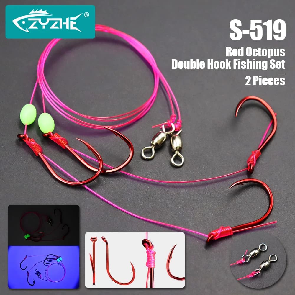 2 montages stinger pour poissons carnassiers avec hameçons double poulpe rouge - appâts vivants
