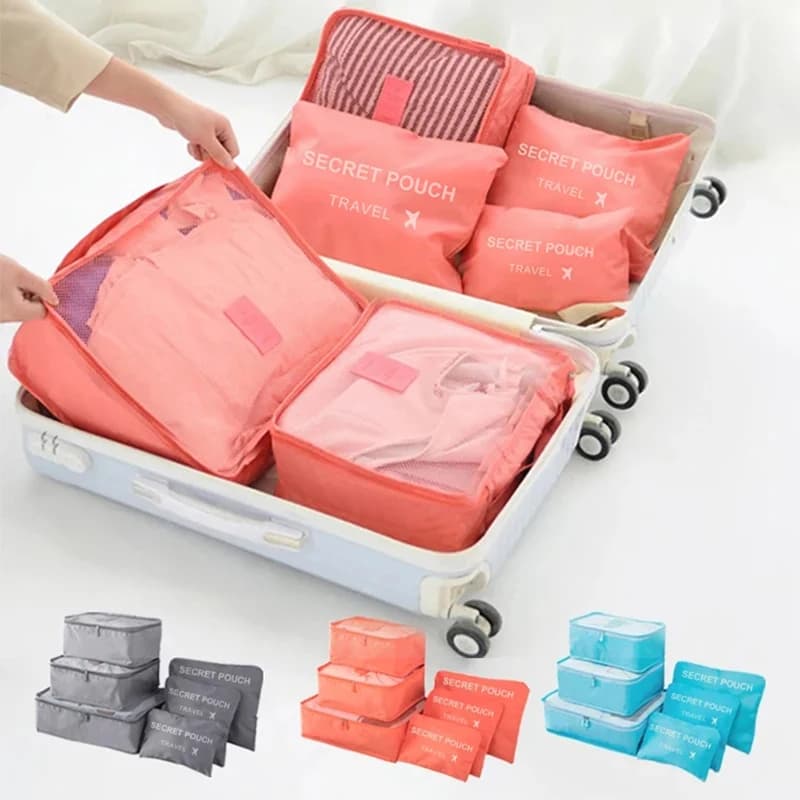 Set 6 pochettes de rangement de voyage - Grands sacs étanches rose/bleu/gris pour valise et vêtements