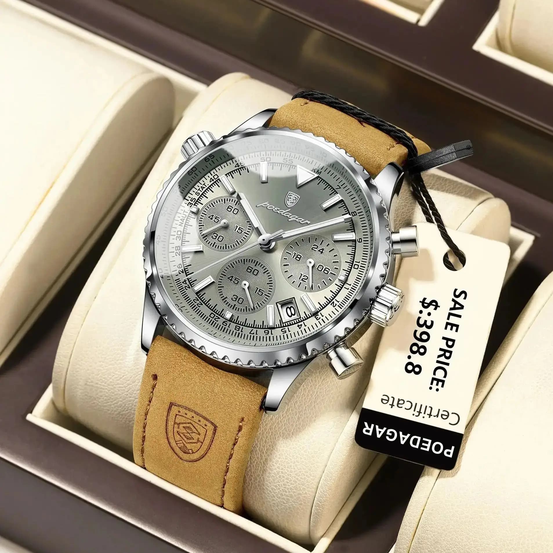 Montre homme chronographe étanche lumineuse - Boîtier cuir quartz pêcheur cadeau boîte