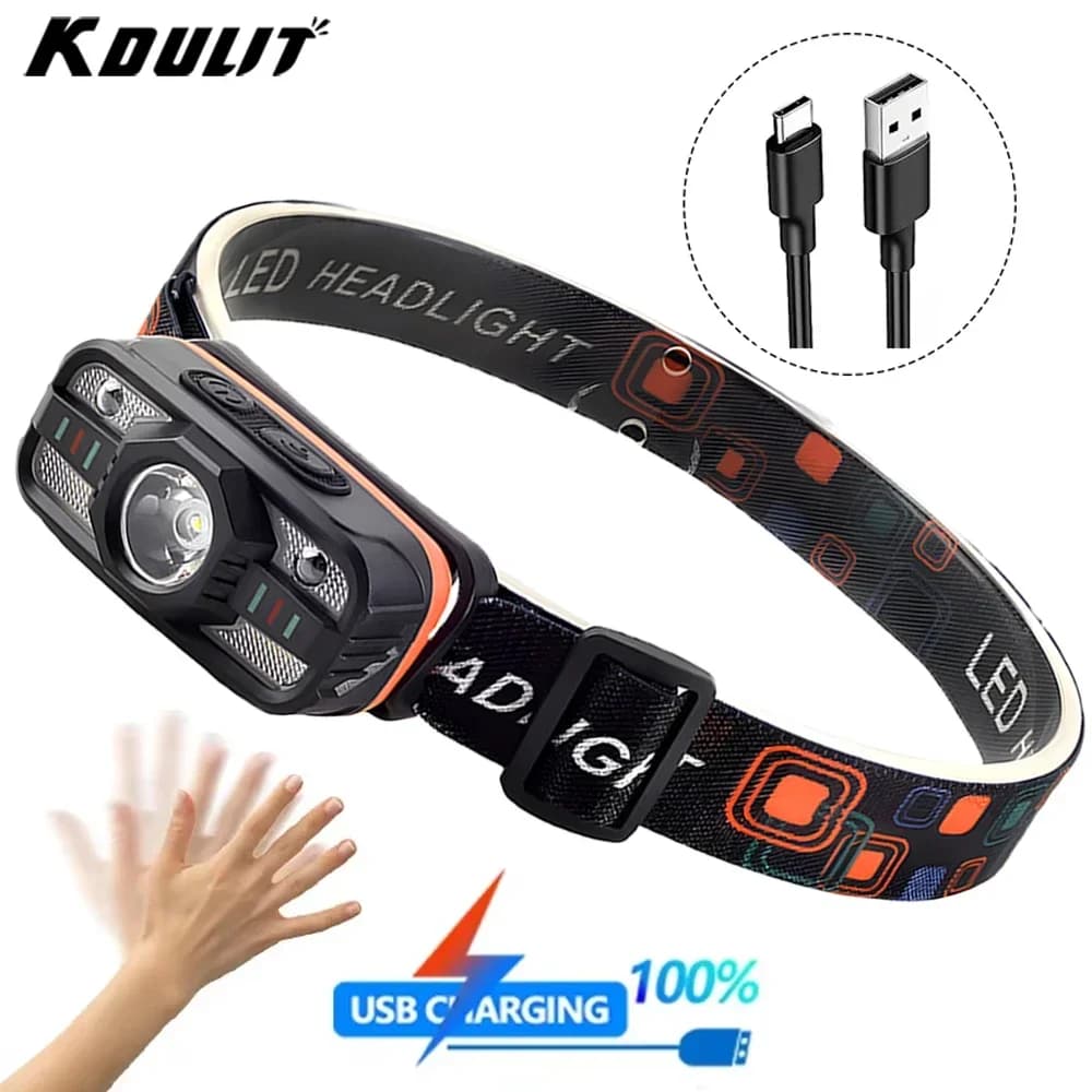 Lampe frontale LED rechargeable capteur 6 modes légère pour pêche nocturne et camping