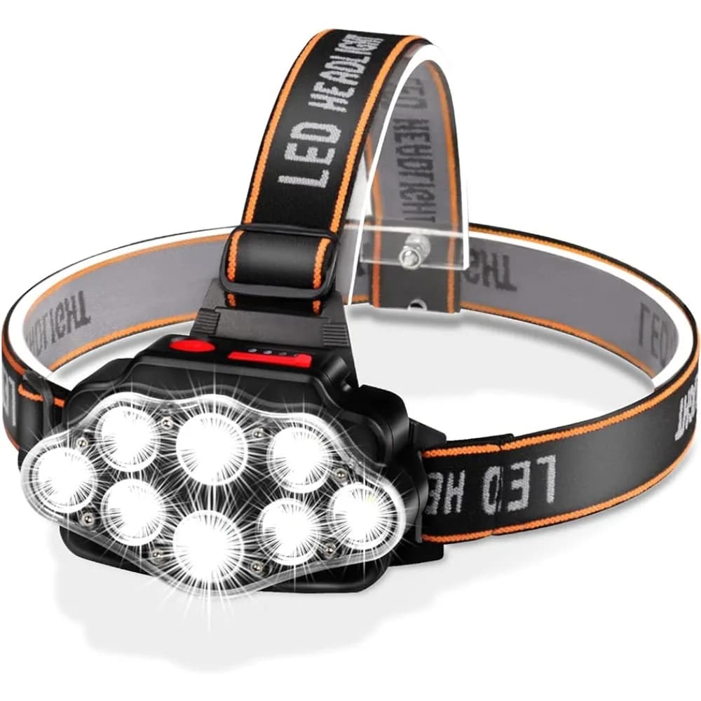 Lampe frontale LED haute luminosité rechargeable USB IPX4 étanche pêche camping lumière puissante 8 LEDs