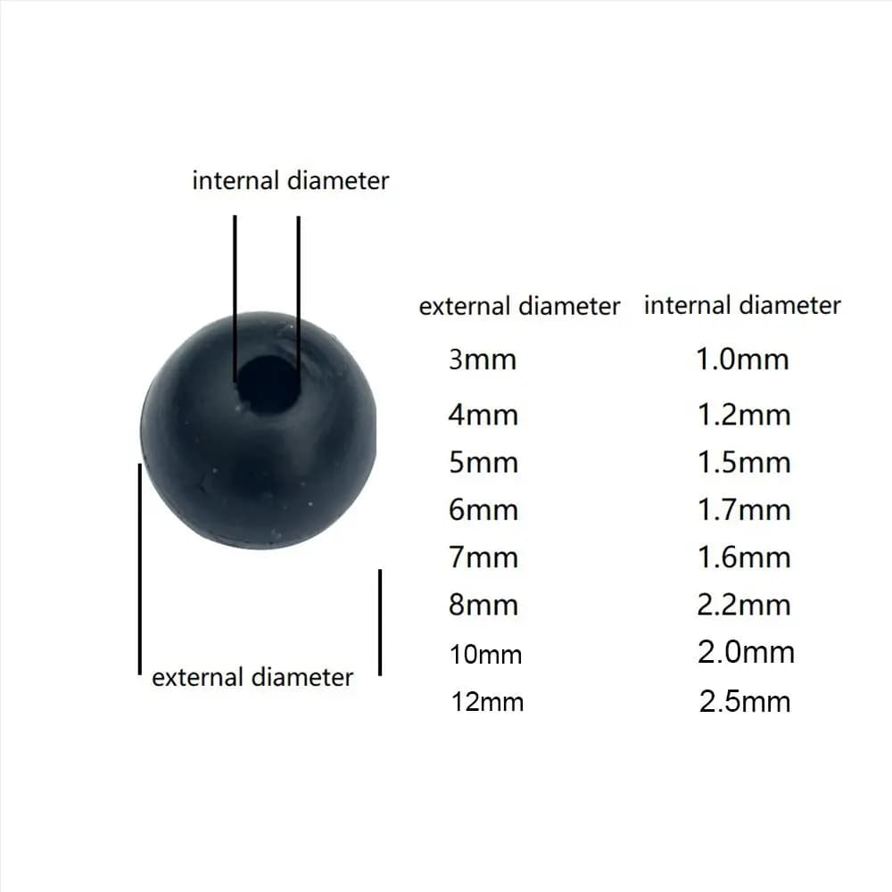 100 perles de pêche 3mm-12mm en caoutchouc noir souple/dur pour montages et leurres
