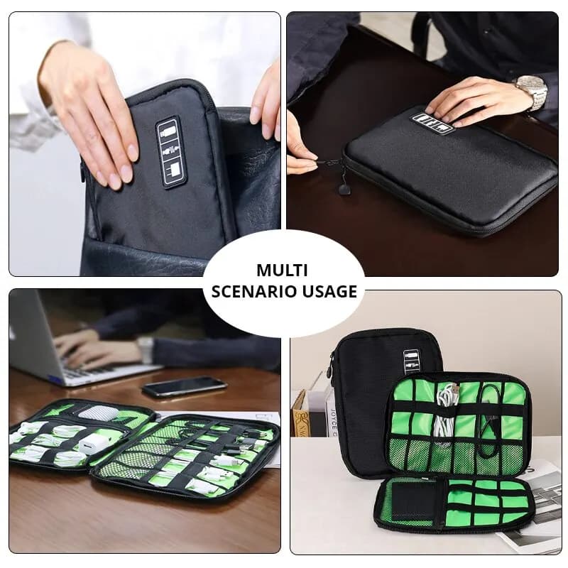 Organisateur électronique portable noir et vert - Étui étanche pour câbles USB et chargeurs de voyage