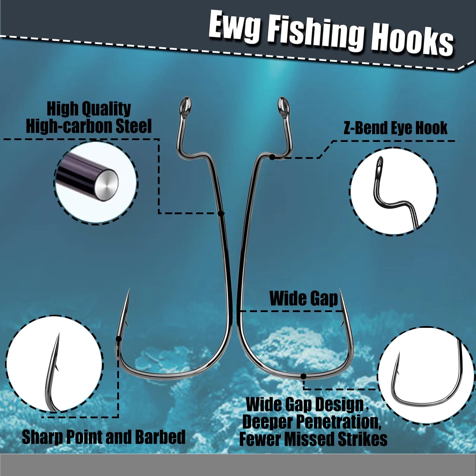 50 hameçons EWG Texas Rig sans déport pour leurres souples - pêche bass et carnassiers