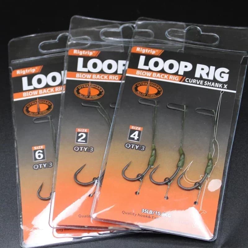 Kit pêche carpe 3 montages loop rig avec hameçons courbes taille 2 4 6 et anti-emmêlement