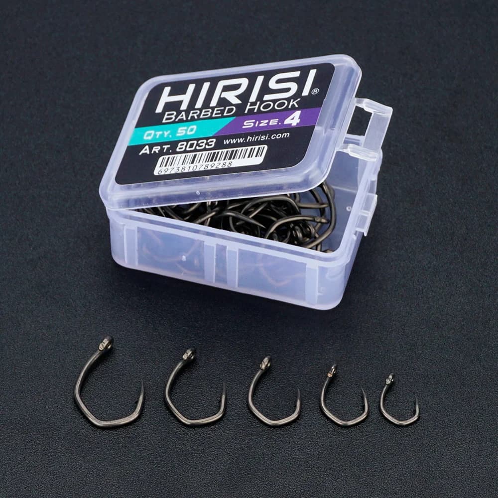 Hameçon de pêche Hirisi 8033 micro-barbelé en acier carbone, 50 pièces PTFE avec œil, boîte modulable
