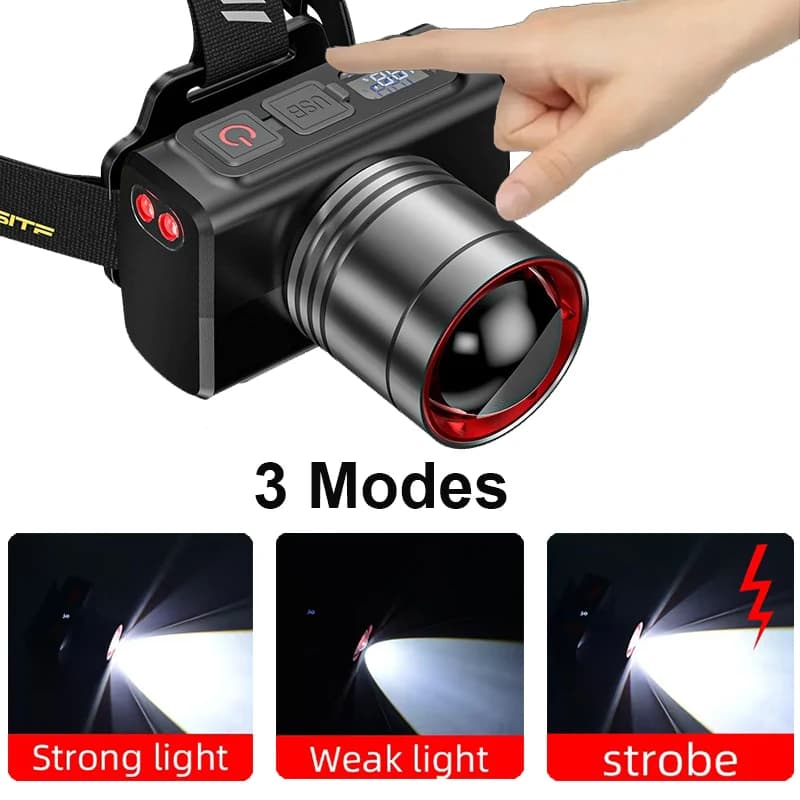 Frontale LED rechargeable zoomable étanche ultra-lumineuse - Excellence pour pêche et camping